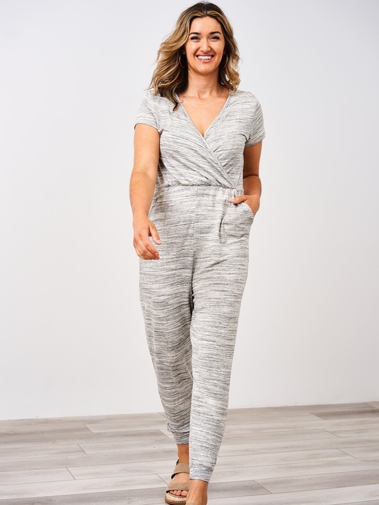 Latched Mama Pants - Latched Mama Heathered Wrap Short-Sleeve Jumpsuit in Light Gray